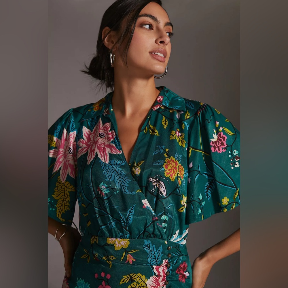 MAEVE Deep Teal Romantic Floral Bird Print Shirt Midi Dress | Size 4 - Picture 7 of 7